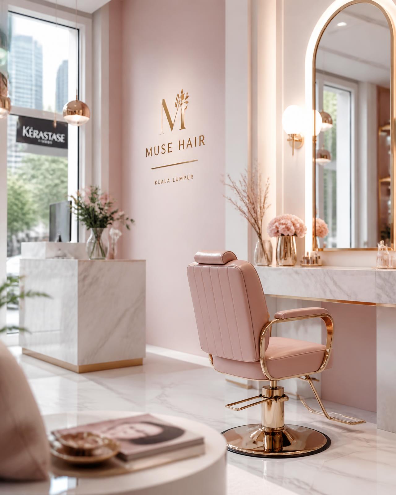 Elegant hair salon interior in Kuala Lumpur with blush pink walls and gold details