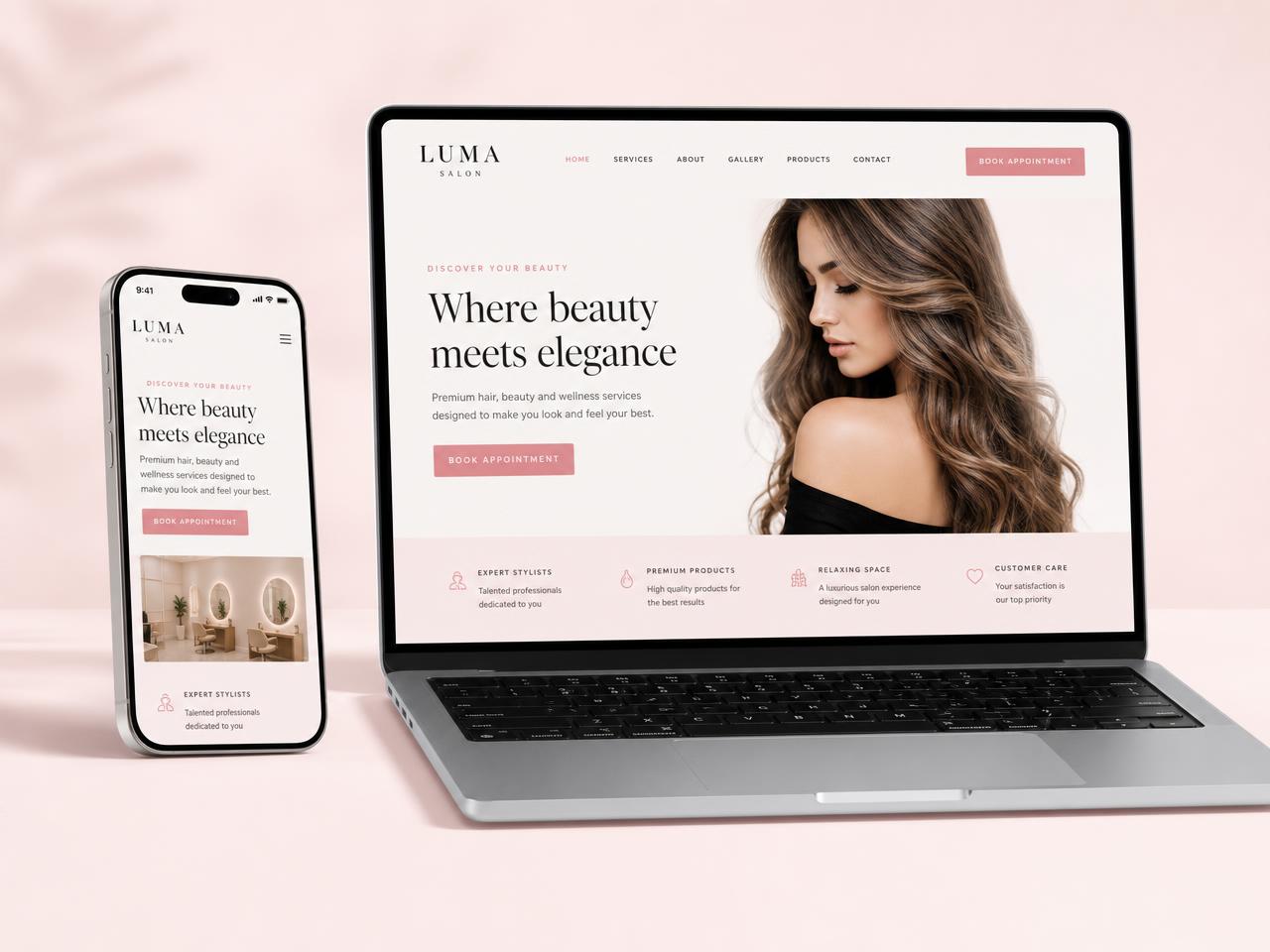 Salon website design shown on a laptop and phone